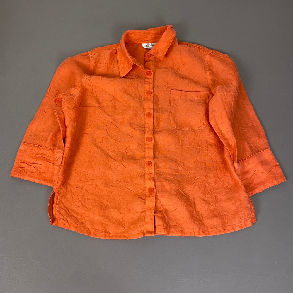Coldwater Creek Orange Linen Blend Crinkle Button Up Shirt Blouse PM Petite